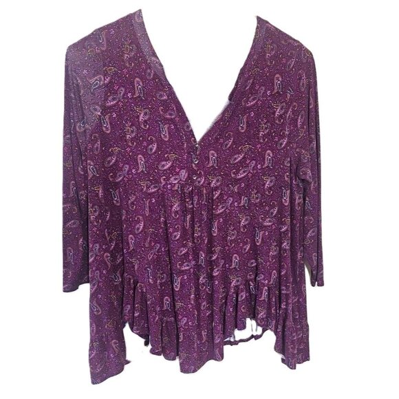 Terra & Sky Womens 2X Purple Paisley Long-Sleeve Tunic With Ruffled Hem - Picture 1 of 5